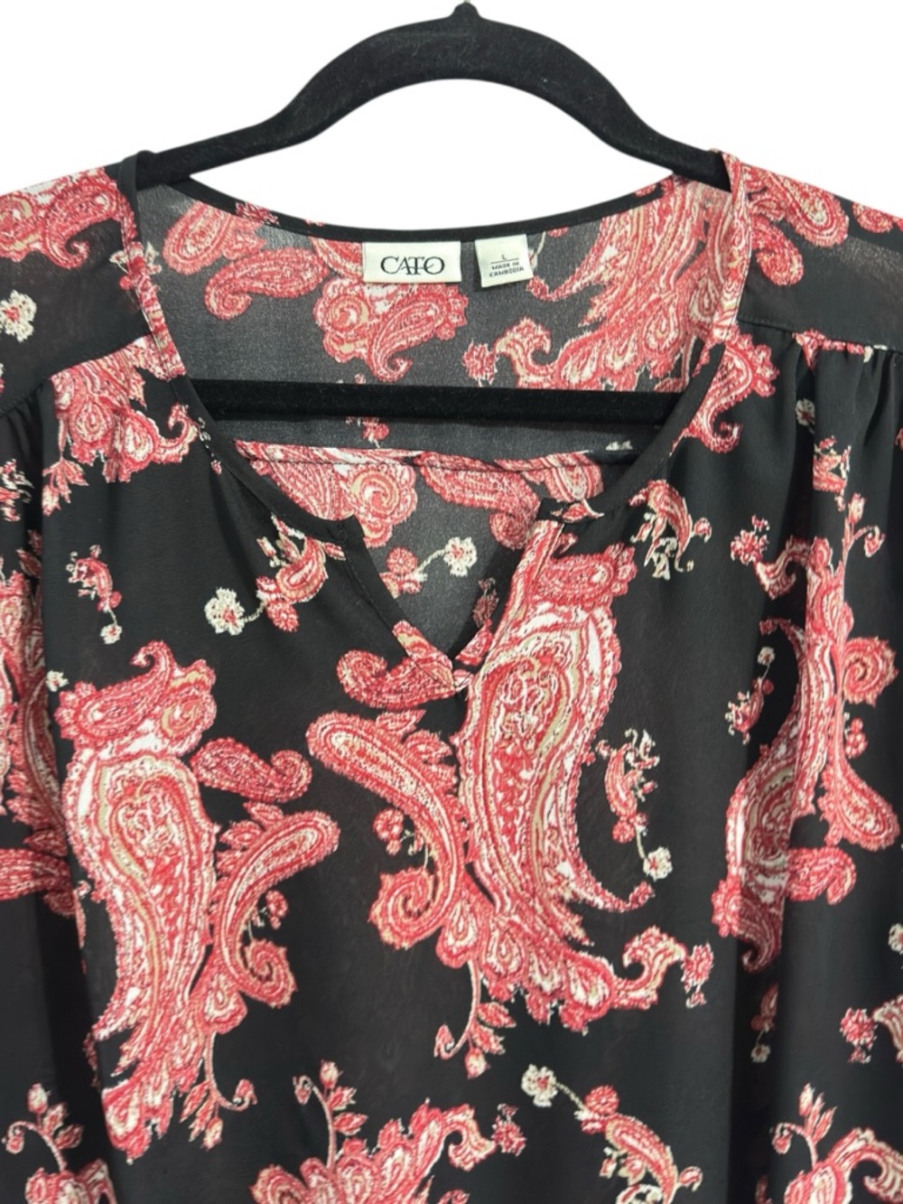 Cato Womens Large Black Red Paisley Blouse 3/4 Sleeve Smocked Hem Boho Top - Picture 3 of 12